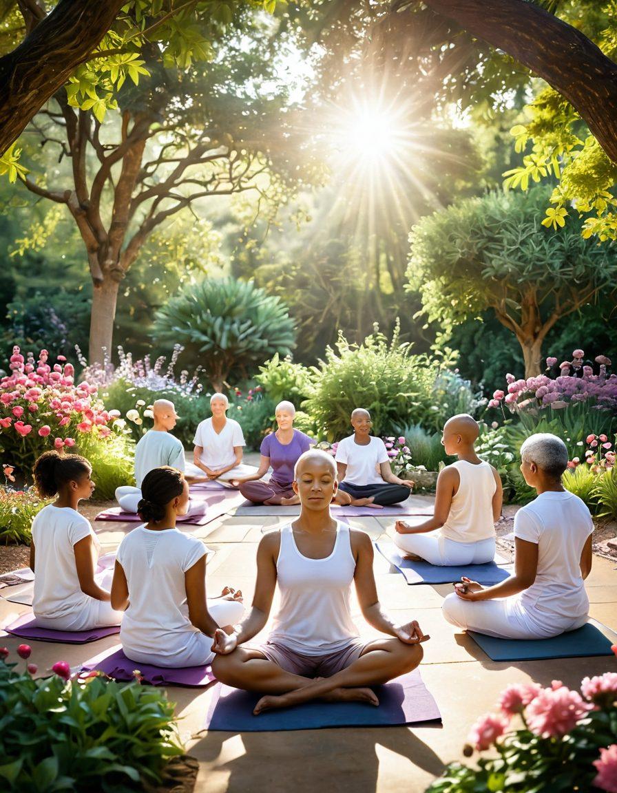 A serene and uplifting scene depicting a diverse group of cancer patients engaging in holistic health practices such as meditation, yoga, and aromatherapy. The background features a healing garden with vibrant flowers and sunlight filtering through, symbolizing hope and recovery. Include elements like essential oils, crystals, and comforting herbal teas in the foreground. The overall atmosphere should convey peace, community, and empowerment. soft colors. ethereal art style.