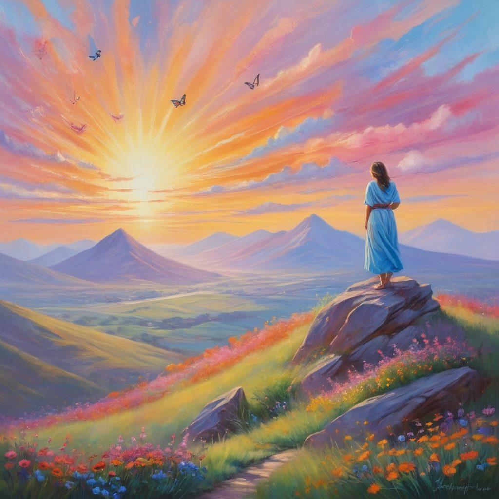 A serene landscape depicting a person with a joyful expression standing atop a hill, overlooking a vibrant sunrise symbolizing hope and renewal. Surrounding them are symbols of wellness such as blooming flowers, butterflies, and elements representing strength like mountains. The atmosphere conveys a sense of empowerment and positivity in the journey of healing. soft pastel colors. impressionist painting.
