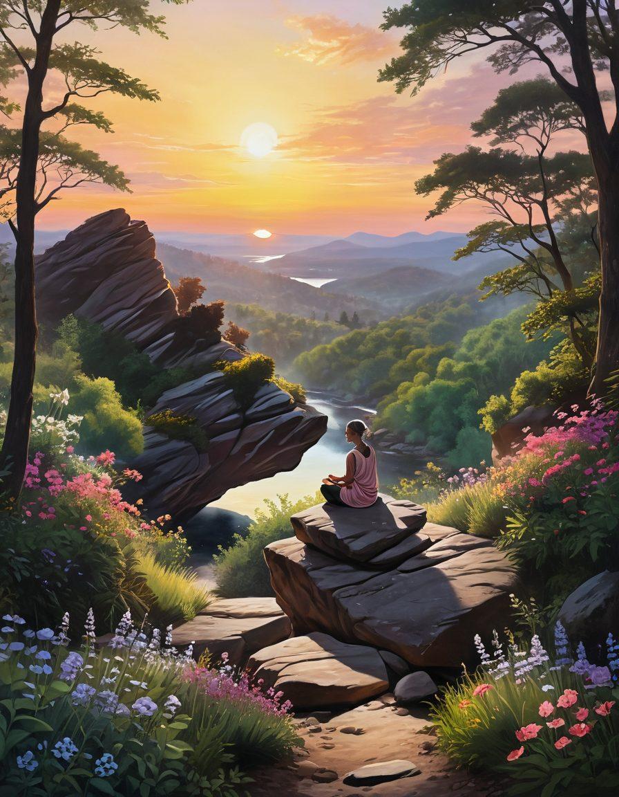 A serene landscape depicting a cancer survivor embarking on a trail, surrounded by lush greenery and blooming flowers symbolizing renewal. Include a silhouette of a person meditating on a rock, radiating a warm golden light. Soft pastel colors in the sky at sunset to evoke a sense of hope and empowerment. super-realistic. vibrant colors.